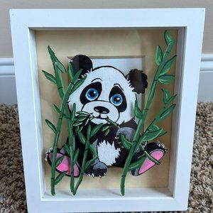 🐼 Panda & Bamboo Picture Frame Carved Wooden Bear Baby Room Asia China 8" x 9"